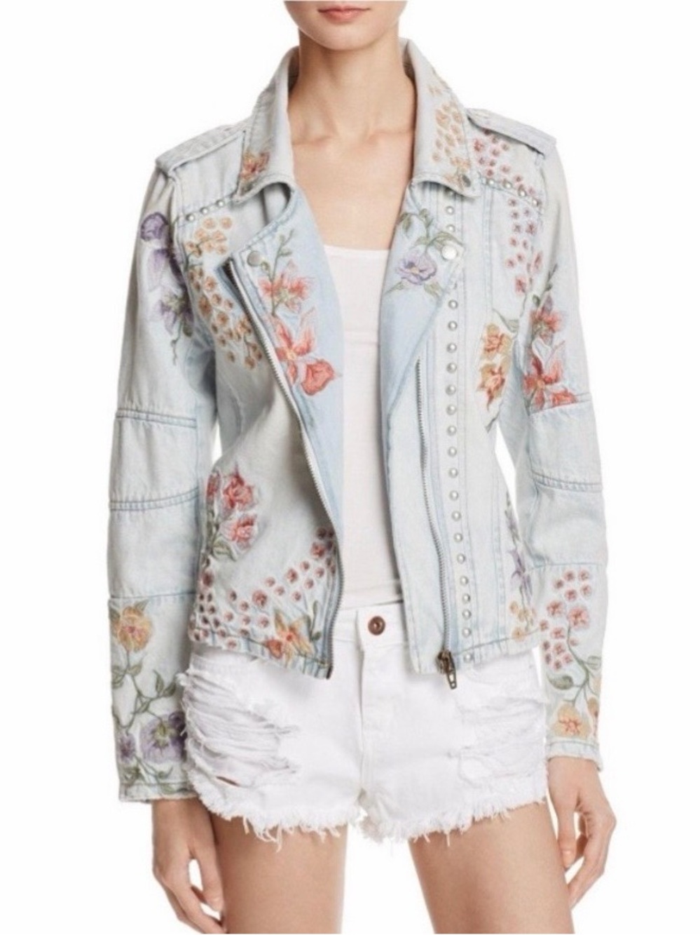 BLANK NYC Light Blue Floral Embroidered Denim Jean Jacket